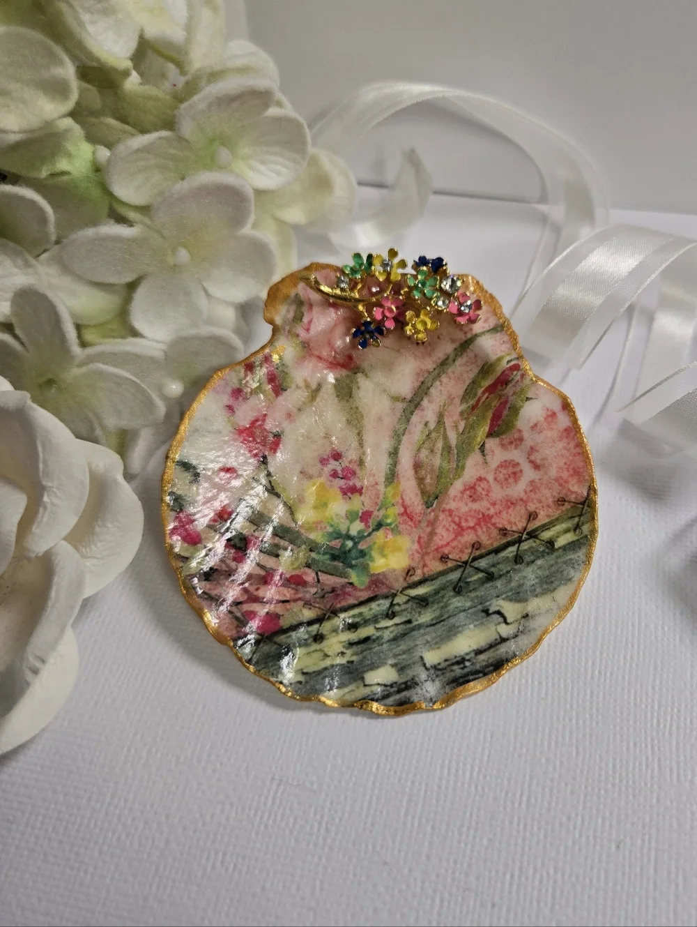 Hand Gilded Upcycled Jewelry Art Decoupage Shell Trinket Dish - Micro Florals
